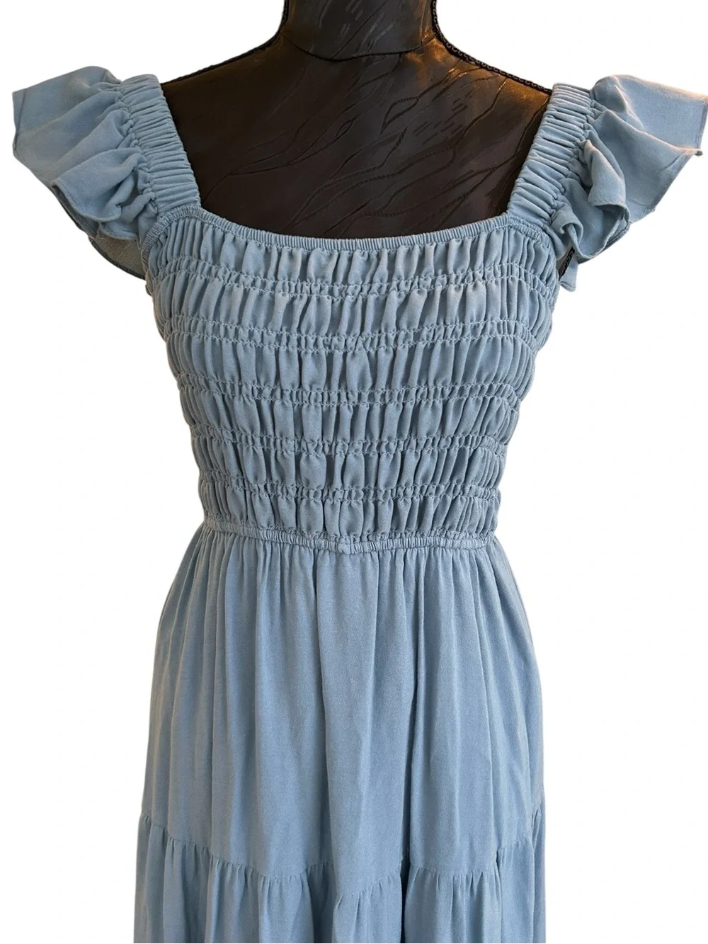 CottageCore - Romantic - Feminine Blue Smocked Tiered Ruffled Tea-length Dress L - Picture 4 of 6